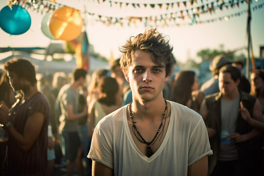 a young adult male or teenager outside in a cafe or bar, alone, gloomy or introverted or sad alone, fictional location. Generative AI