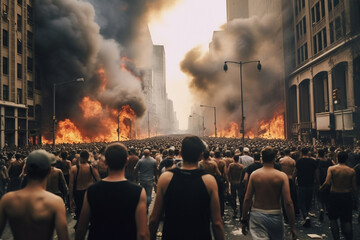 Fototapeta na wymiar a fire burns in a big city surrounded by hooded males, men as aggressors or looters or violent rioters . Generative AI