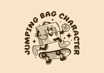 Vintage mascot character of office bag jumping on skate board