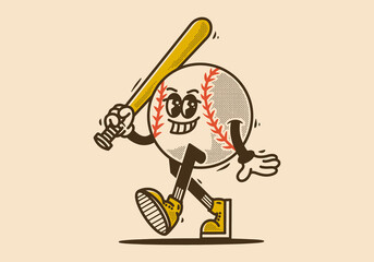 Mascot character design of baseball ball holding a stick