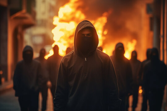 a fire burns in a big city surrounded by hooded males, men as aggressors or looters or violent rioters . Generative AI