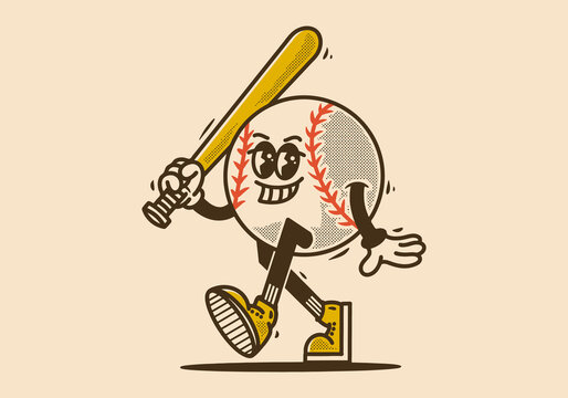 Mascot character design of baseball ball holding a stick