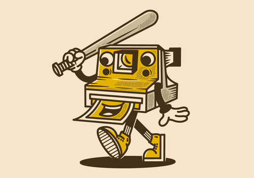 Mascot character design of polaroid camera holding a baseball stick