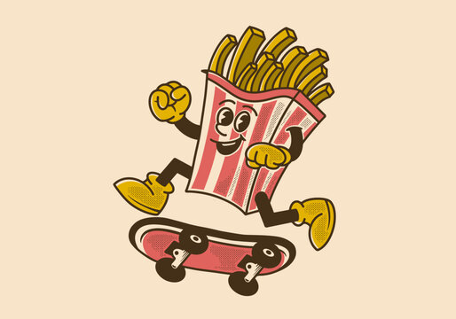 Mascot character design of french fries jumping on skateboard