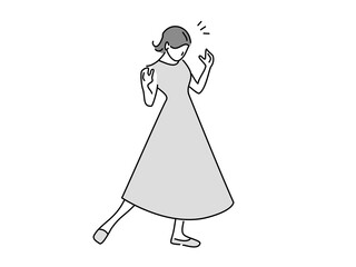 下を見て何かに気づくワンピースを着た女性