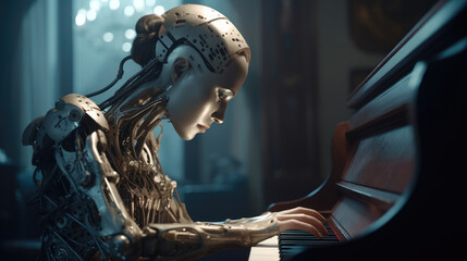 Robot playing piano. Ai with a musical instrument. Futuristic concept technology generative ai.