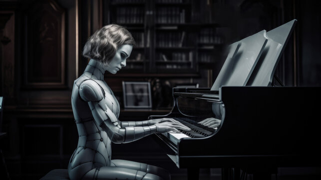 Robot playing piano. Ai with a musical instrument. Futuristic concept technology generative ai.