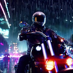 a man in motorcycle in the night city