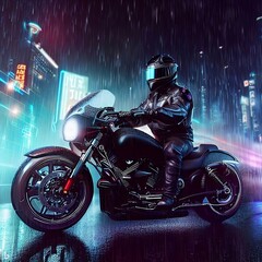 a man in motorcycle in the night city