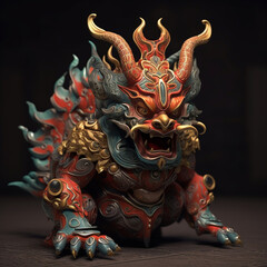 A statue of a dragon demon with a red face and gold accents, generative AI
