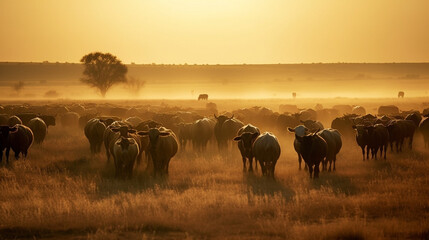 herd of wildebeest in continent, bufalos in the savanha, african, africa, india, cow, vacas, campo, field, grass, crow