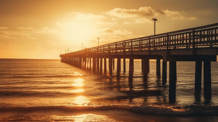 Fototapeta na wymiar sunset on the pier, bridge, sun, perfect, concept, ocean, sea