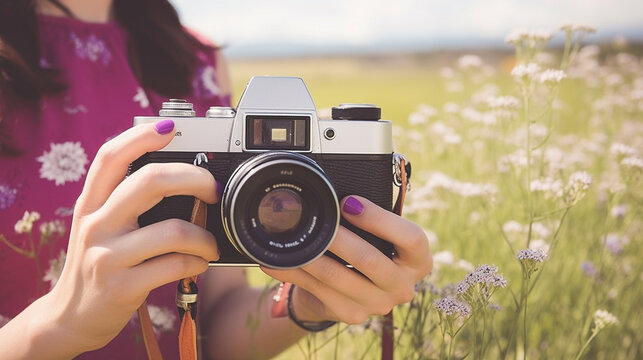 person with a old camera, instant, moments, grass, woman, photographer, quality.