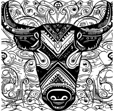 black and white Cow head line art tattoo with pattern background