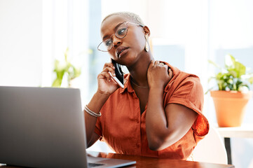 Phone call, stress and business black woman with laptop for error, mistake and network problem....