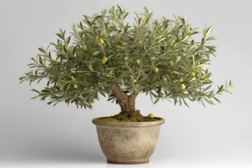 an olive tree growing in a potted container on a plain white background Generative AI