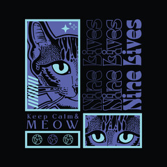 Graphic t-shirt, with text, nine lives. head cat illustration, design for t-shirt, stylish print for streetwear, urban streetwear, isolated on black background