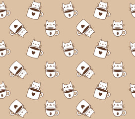 Funny seamless pattern with cute coffee cats, hand drawn of cat with coffee mugs. coffee cat love