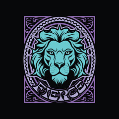 lion head illustration vector with vintage frame, and fierce text, design for t-shirt, stylish print for streetwear, urban streetwear, isolated on black background