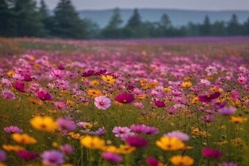 Obraz premium beautiful field filled with purple and yellow flowers in full bloom Generative AI
