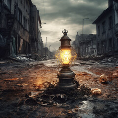 old street lamp in disaster city - obrazy, fototapety, plakaty