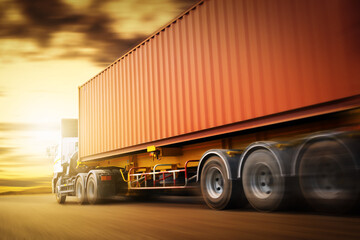 Naklejka na ściany i meble Speed Motion of Semi Trailer Truck Driving on The Road with The Sunset. Commercial Truck, Express Delivery Transit. Shipping Container Truck Transport. Freight Trucks Logistics Cargo Transport.