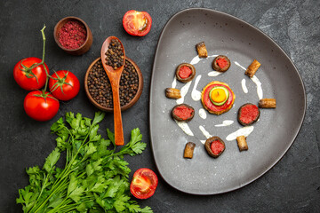 top view fresh red tomatoes with greens on grey background meal fresh ripe salad