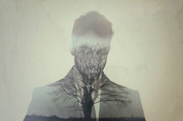 Business man, double exposure and trees with suit, silhouette and sad for danger in environment....