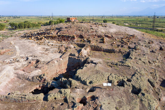Drone view of Metsamor Archeological Site on sunny summer day. Taronik, Armavir Province, Armenia.