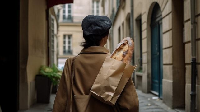Parisien Baguette Bread in biodegradable paper bag. Generative AI