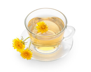 Glass cup of healthy dandelion tea on white background