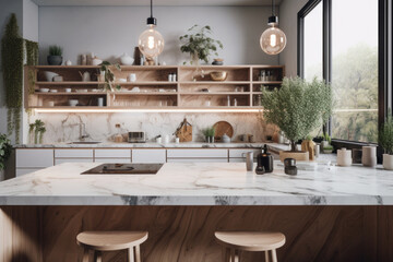 The perfect kitchen for the modern family, with a simple yet sophisticated design, sleek marble countertop, and practical appliances. Created using Generative AI.