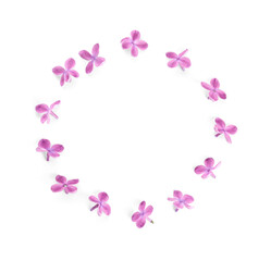 Fototapeta na wymiar Frame made of blooming lilac flowers on white background