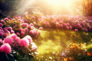 Fototapeta na wymiar sunlit field filled with pink flowers Generative AI