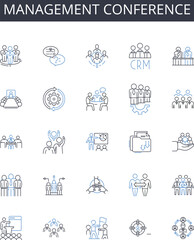 Management conference line icons collection. Executive meeting, Leadership seminar, Professional gathering, Business forum, Strategic summit, Corporate retreat, Board assembly vector and linear
