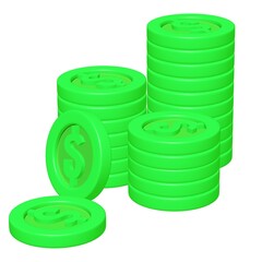 3d green game coins with dollar sign in stack