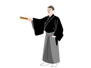 扇子で指し示す袴姿の男性　png