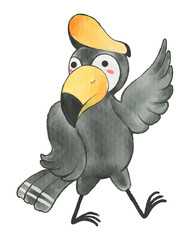 Hornbill bird . Watercolor paint design . Cute animal cartoon character . Vector .