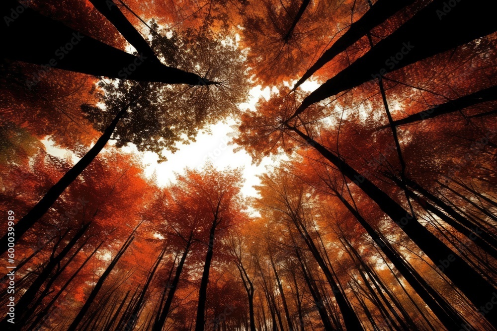 Poster lush forest with towering trees seen from a ground-level perspective generative ai