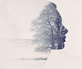 Woman, face and tree with double exposure and nature, creativity and environment with mockup space....