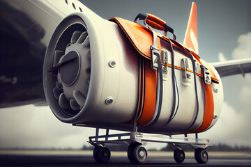 Cartoon Suitcases in airport airplane in background, summer vacation concept, traveler suitcases funny concept Generative AI
