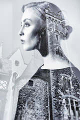 Woman, building and double exposure with black and white effect for city art deco. Creative,...