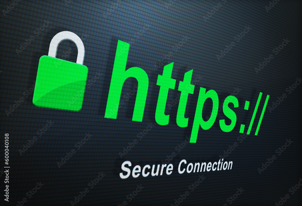 Poster closeup, https and secure connection for a website, internet search and screen with browser address.