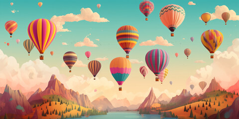 Naklejka premium Hot air balloons Festival flying over mountain Sunny Weather Balloon Start