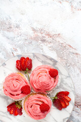 top view pink strawberry cakes with fresh red strawberries on white background fruit tea cake biscuit sweet cookie