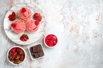 top view pink strawberry cakes with jam on white background fruits cake biscuit sweet cookie