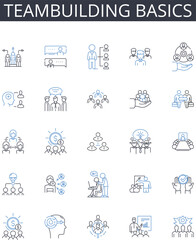 Teambuilding basics line icons collection. Leadership essentials, Communication skills, Conflict resolution, Time management, Project management, Problem-solving, Goal setting vector and linear