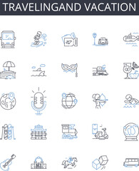 Travelingand vacation line icons collection. Journeying, Roaming, Sightseeing, Touring, Exploring, Backpacking, Trekking vector and linear illustration. Wandering,Globetrotting,Road tripping outline