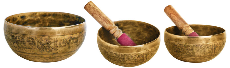 Tibetan singing bowl with stick isolated