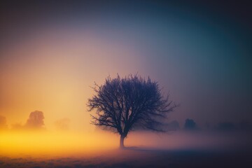 Naklejka na ściany i meble Tranquil minimal landscape in foggy morning scene. superlative generative AI image.